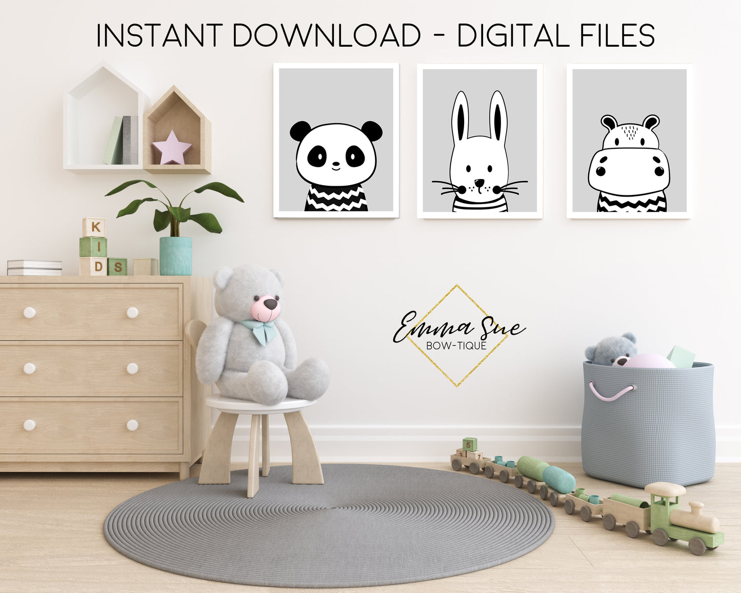 Grey Scandinavian Animals Panda Bear, Bunny, Hippo - Kid's Room Or Baby Nursery Printable Wall Art  - Digital File
