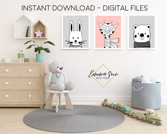 Scandinavian Animals Giraffe, Bunny & Bear - Kid's Room Or Baby Nursery Printable Wall Art  - Digital File