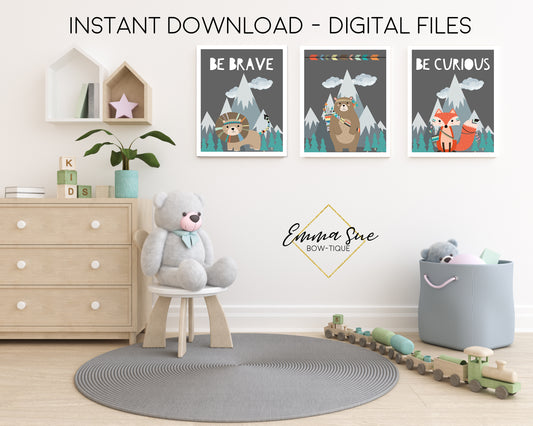Woodland Forest Animals Be Brave, Be Curious Lion Fox Bear - Kid's Room Or Baby Nursery Printable Wall Art  - Digital File