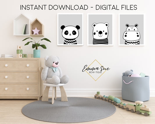 Grey Scandinavian Animals Panda Bear, Bear, Hippo - Kid's Room Or Baby Nursery Printable Wall Art  - Digital File