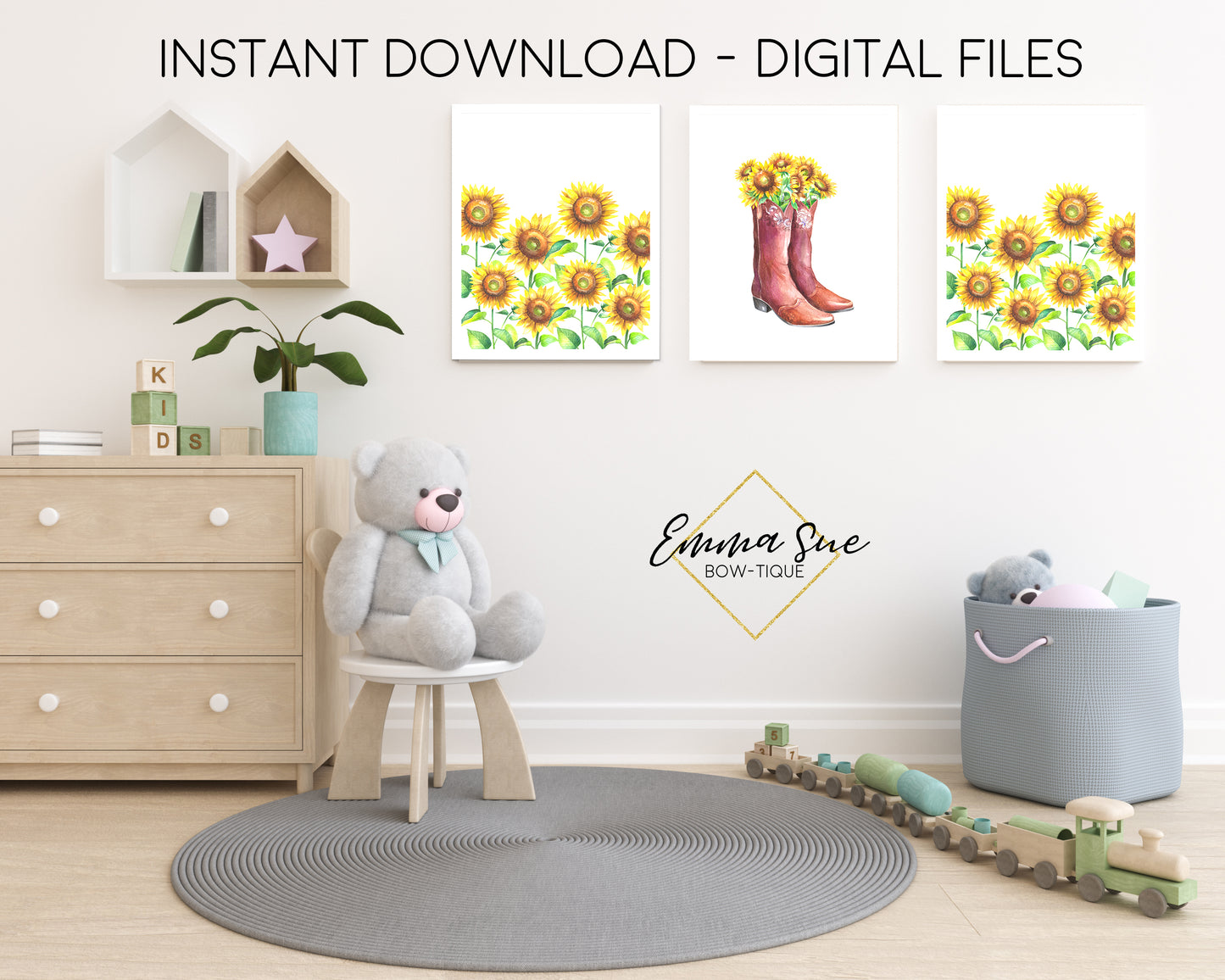 Watercolor Sunflowers Country Girl Boots  - Kid's Room Or Baby Nursery Printable Wall Art  - Digital File