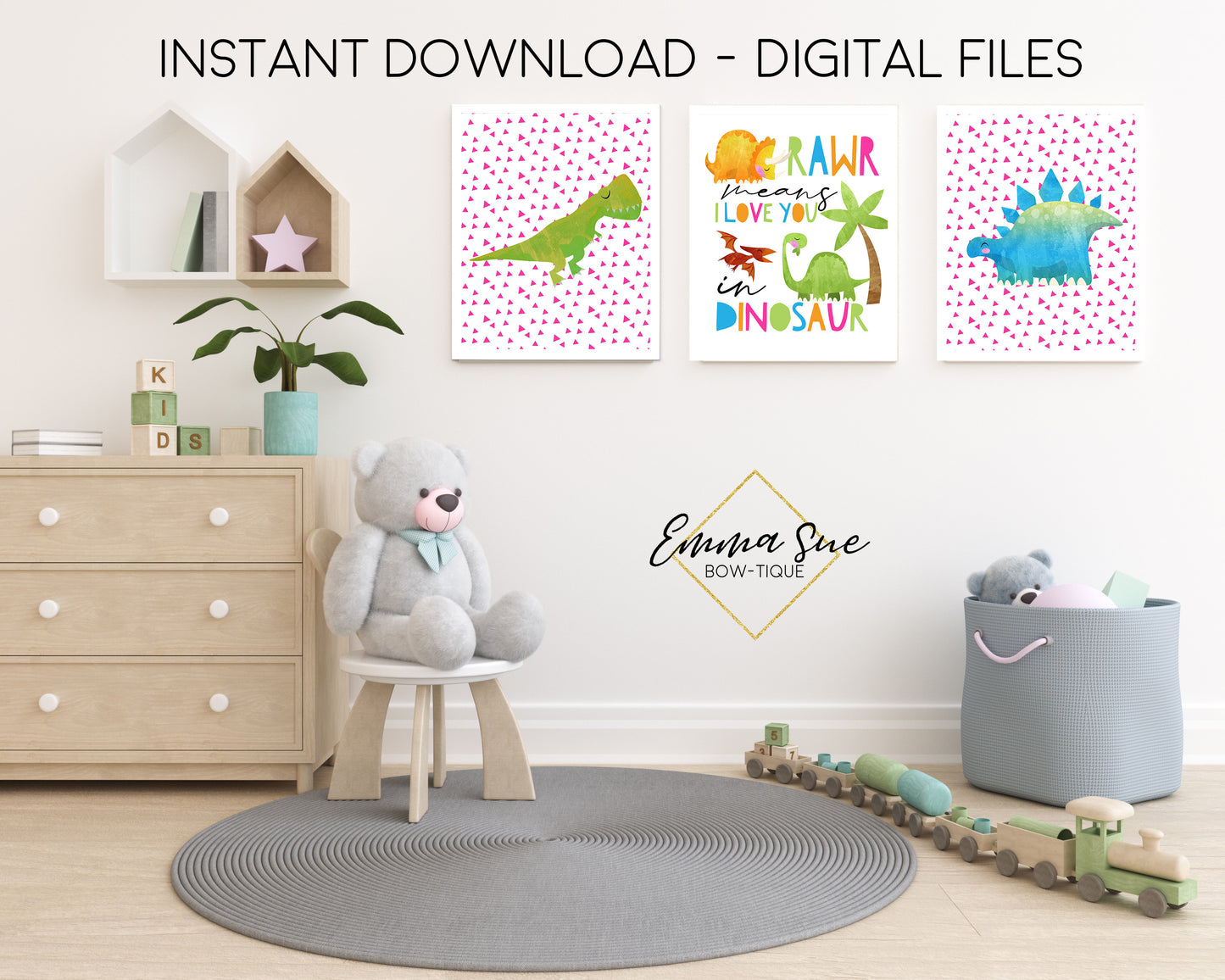 Rawr Means I Love You in Dinosaur Girl's Watercolor Set - Kid's Room Or Baby Nursery Printable Wall Art  - Digital File