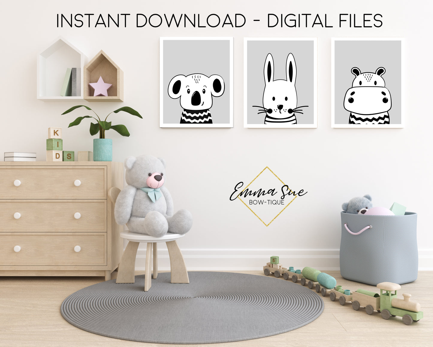 Grey Scandinavian Animals Bunny, Koala Bear, Hippo - Kid's Room Or Baby Nursery Printable Wall Art  - Digital File