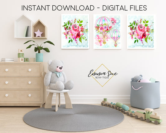 Watercolor Floral Hot Air Balloon Shabby Chic - Kid's Room Or Baby Nursery Printable Wall Art  - Digital File