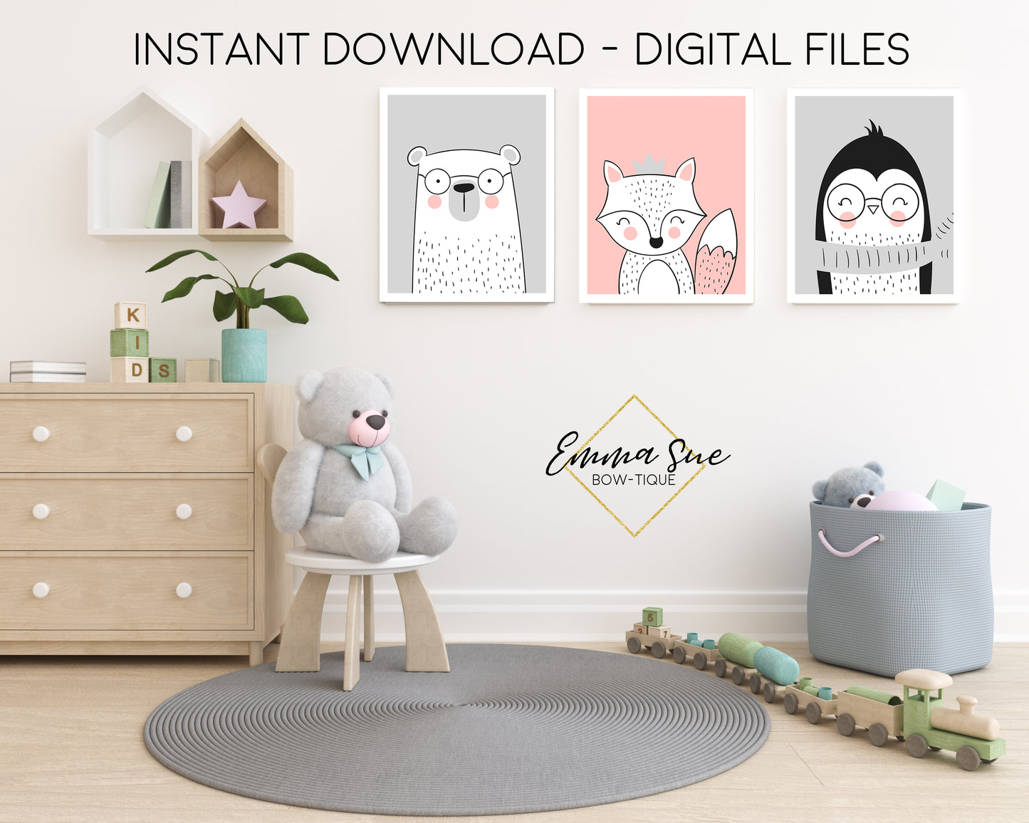 Pink & Grey Scandinavian Animals Fox, Polar Bear, Penguin - Kid's Room Or Baby Nursery Printable Wall Art  - Digital File