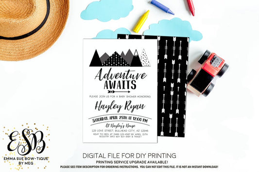 Adventure Awaits Baby Shower Invitation - black and white arrows- Digital Printable File  (Baby-adventureBW)