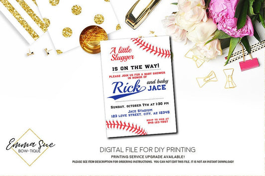 A little slugger is on the way Baseball Baby Shower Invitation- Digital Printable File  (Baby-baseball)