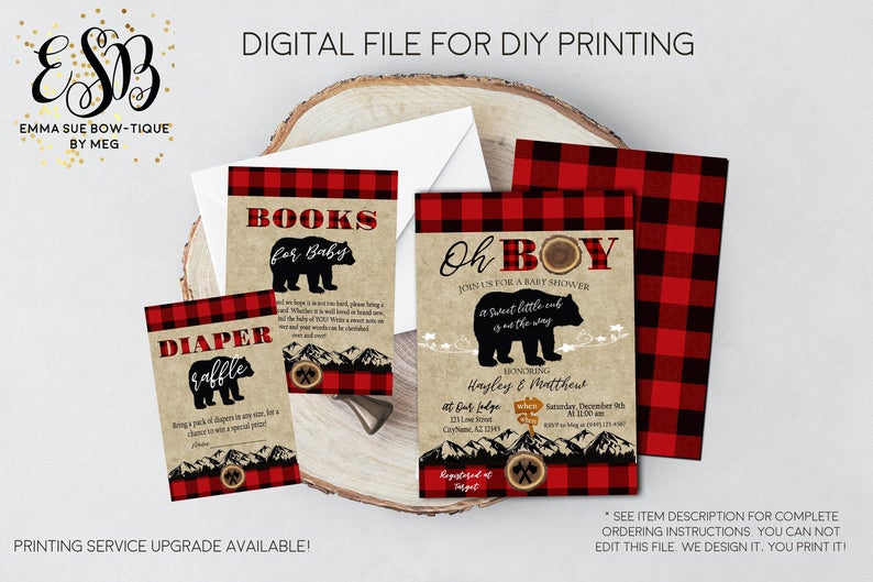 Oh Boy A little cub is on the way - Little Bear Buffalo plaid Baby Shower Invitation- Digital Printable File  (Baby-bear18)