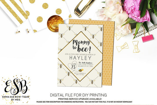 Mommy to Bee - Bumble Bee Baby Shower Invitation- Digital Printable File  (Baby-beevintage)