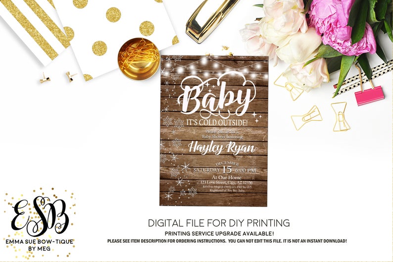 Baby it's Cold Outside - Winter Rustic Wood & string lights Baby Shower Invitation- Digital Printable File  (Baby-cold2018)