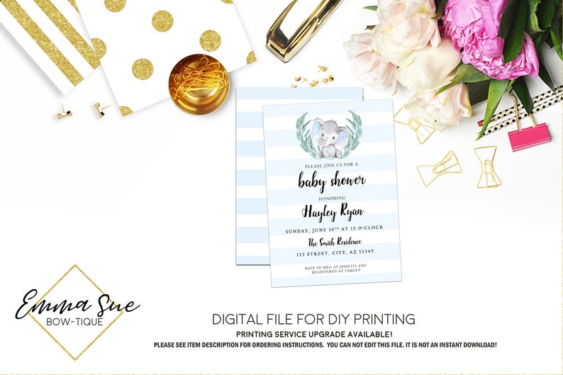 Elephant Baby blue stripe watercolor - Baby Shower Invitation- Digital Printable File  (Baby-elephant)
