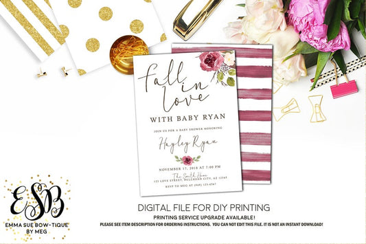 Fall in Love with Baby - Burgundy Watercolor floral Baby Shower Invitation- Digital Printable File  (Baby-fallwine)