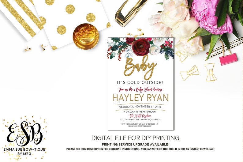 Baby it's Cold Outside - Winter Christmas Floral Baby Shower Invitation- Digital Printable File  (Baby-flowerchristmas)