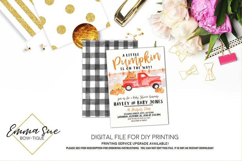 A little Pumpkin is on the way - Old Vintage Truck Fall Baby Shower Invitation- Digital Printable File  (Baby-pumpkinred)