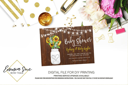 Sunflower Mason Jar - Rustic Wood and string lights country Baby Shower Invitation- Digital Printable File  (Baby-sunflowerlights)