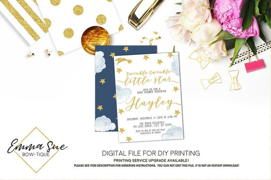 Twinkle Twinkle Little Star - Steel Blue and Gold Baby Shower Invitation- Digital Printable File  (Baby-twinklegold)