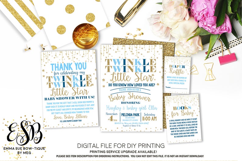 Twinkle Twinkle Little Star - Baby Blue and Gold Baby Shower Invitation- Digital Printable File  (Baby-twinkleboy)