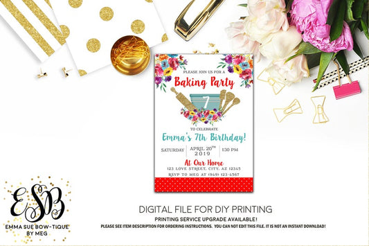 Girl's Baking Birthday Party invitation Printable - Digital File  (Baking-Pioneer)