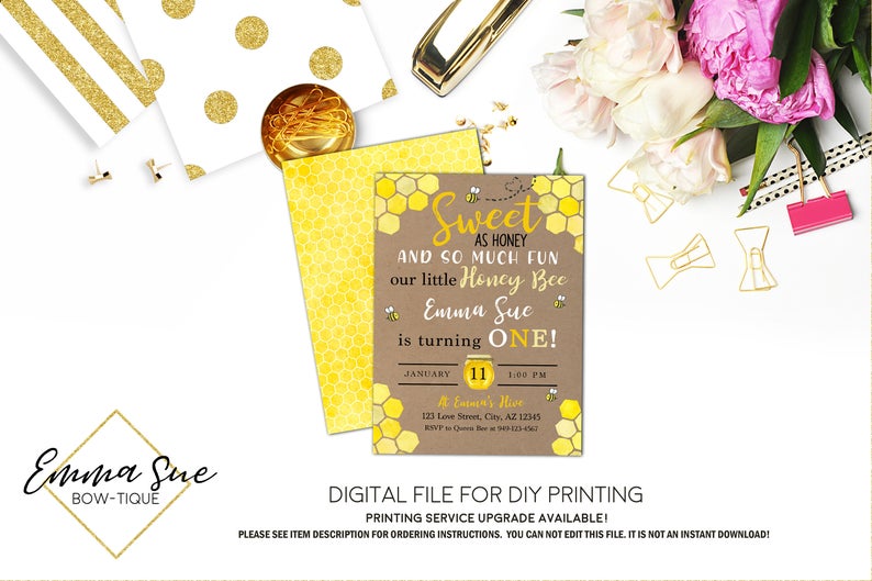 Honey Bee 1st Birthday Party invitation Printable - Digital File  (Bee-kraft)