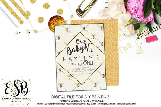 Baby Bee 1st Birthday Party invitation Printable - Digital File  (Bee-vintage Zazz