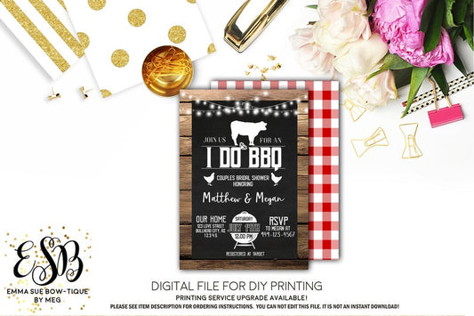Rustic I Do BBQ - Wood, Chalkboard and string lights Couples Bridal Shower Invitation - Digital File Printable (bridal-idowoodBBQ)