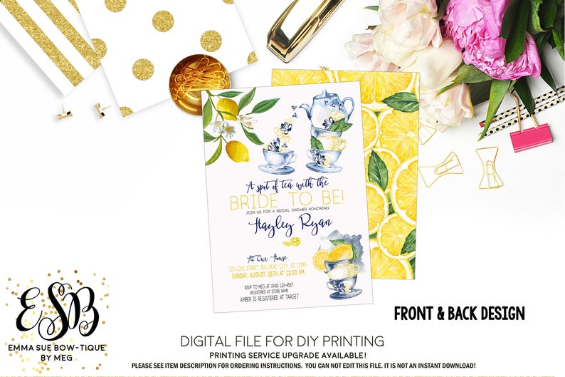 Lemon Tea Party Bridal Shower Invitation - Digital File Printable (bridal-lemontea)