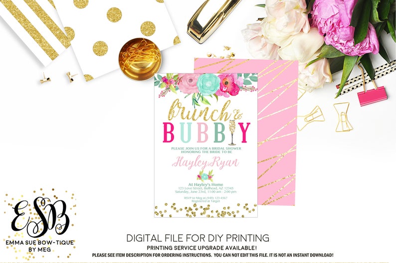 Brunch and Bubbly - Blush Pink & Mint Floral & Gold Bridal Shower Invitation - Digital File Printable (bridal-brunchboho)