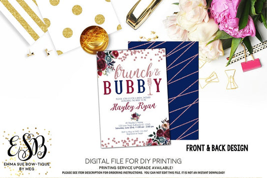 Brunch and Bubbly - Rose Gold and Navy - Burgundy Floral Fall Bridal Shower Invitation - Digital File Printable (bridal-brunchrosegold)