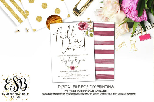 Fall In Love - Watercolor Burgundy Floral Bridal Shower Invitation - Digital File Printable (bridal-fallwine)
