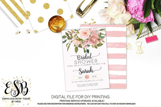 Watercolor Blush Pink Floral Bridal Shower Invitation - Digital File Printable (bridal-floral1)