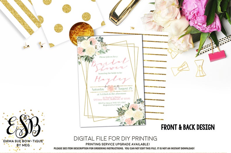 Blush Floral Greenery Gold Geometric Bridal Shower Invitation - Digital File Printable (bridal-geoblush)