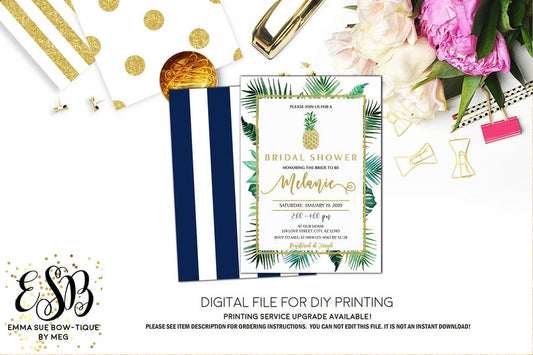 Pineapple Tropical Leaves Bridal Shower Invitation - Digital File Printable (bridal-pineapple)