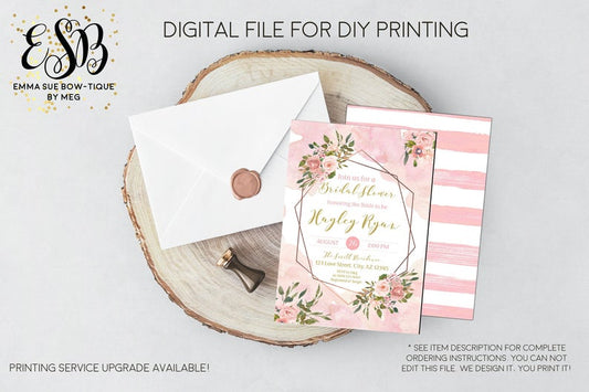 Watercolor Blush Pink Floral Geometric Bridal Shower Invitation - Digital File Printable (bridal-pnkgeo)