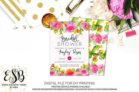 Fiesta Pink Succulent Bridal Shower Invitation - Digital File Printable (bridal-pnksucculent)