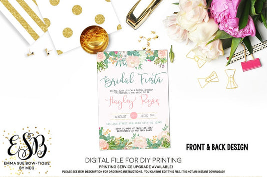 Watercolor Bridal Fiesta Blush Pink Succulent Bridal Shower Invitation - Digital File Printable (bridal-succulentblush)