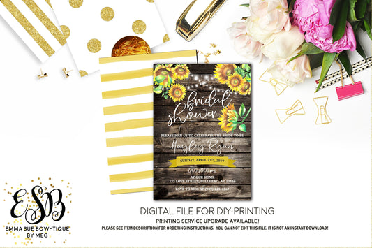 Country Sunflower Bridal Shower - Rustic Wood string lights Bridal Shower Invitation - Digital File Printable (bridal-sunflower)