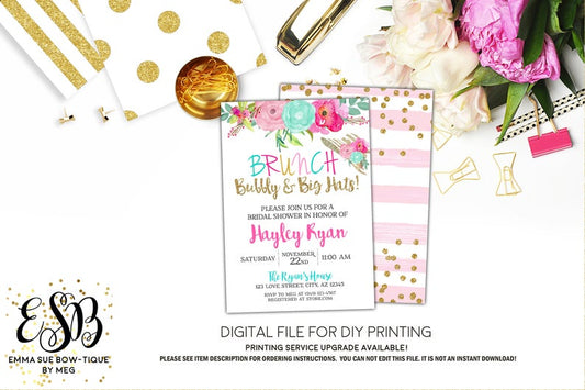 Brunch, Bubbly & Big Hats - Kentucky Derby Tea Party Blush Pink & Mint Floral & Gold Bridal Shower Invitation - Digital File Printable (brunch-hat17)
