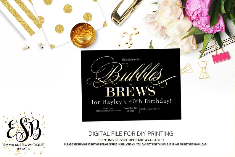 Bubbles and Brew Adult Birthday Party invitation Printable - Digital File  (Bubbles-brew)