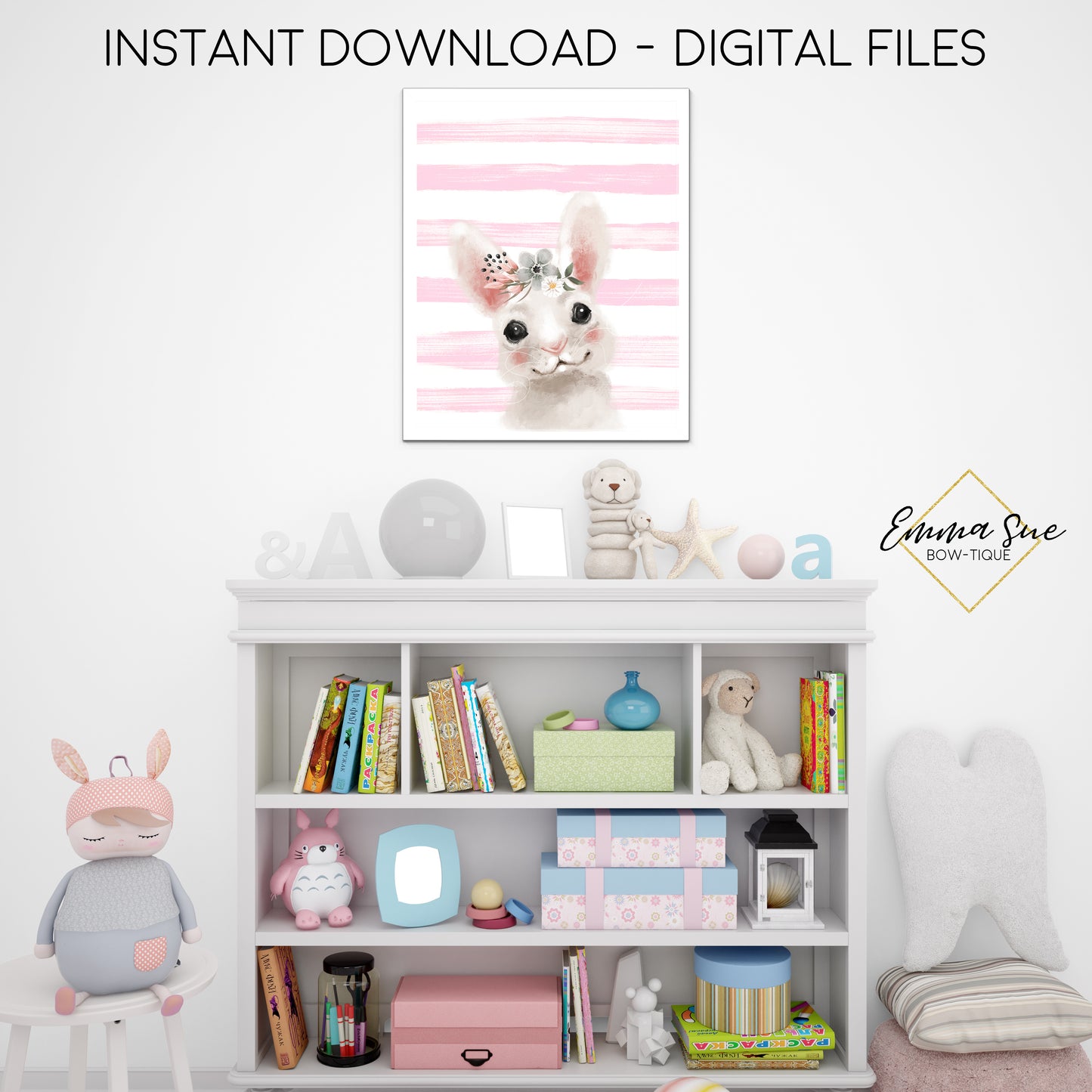 Floral Woodland Bunny with Blush Stripes Wall Art - Nursery, Playroom, Bedroom Printable Sign  - Digital File - Instant Download