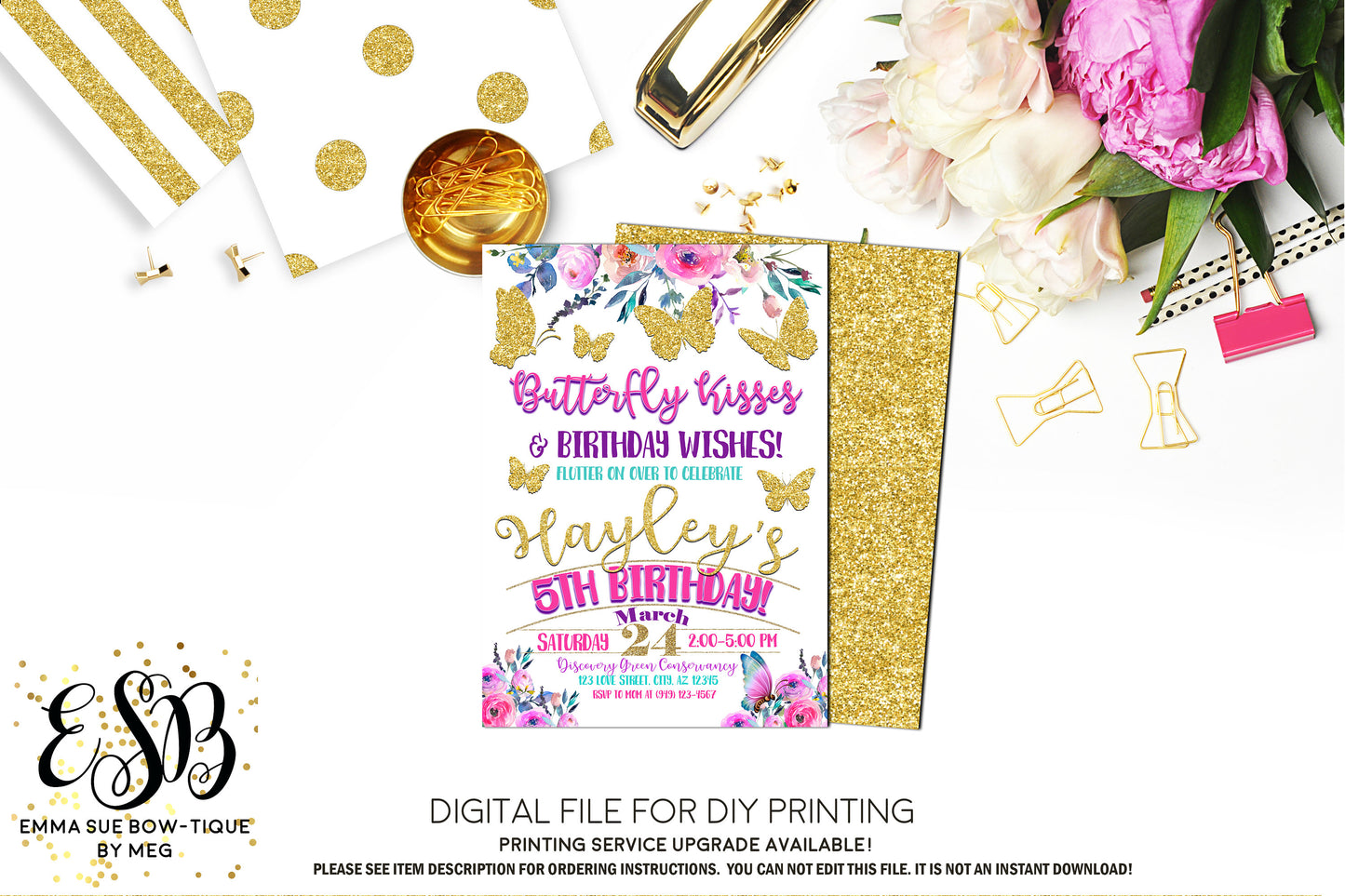 Butterfly Kisses & Birthday Wishes - Kid's Birthday Party Invitation Printable - Digital File  (Butterfly-kisses)