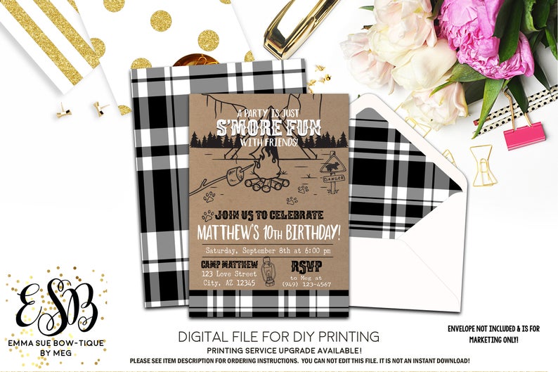 S'more Fun with Friends Buffalo Plaid Birthday Party invitation Printable - Digital File  (camp-smore)
