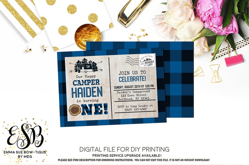 Our Happy Camper - Birthday Camping Party invitation Printable - Digital File  (camper-plaid)