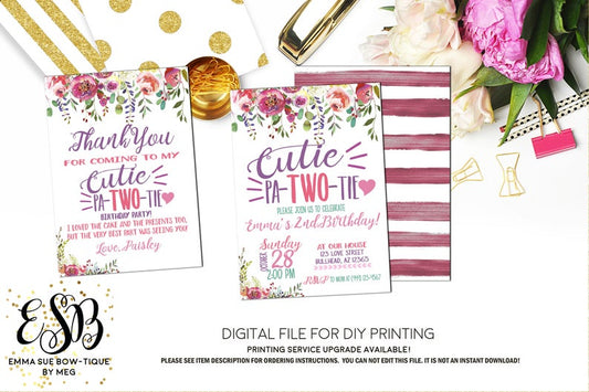 Cutie- Pa-Two-Tie Girl's 2nd Birthday Birthday Party Invitation Printable - Digital File  (Cutie-two)