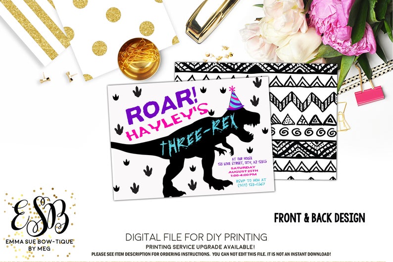 Roar Girl's Dinosaur Party Hat T-Rex Birthday Party Invitation Printable - Digital File  (Dino-BWGirl)