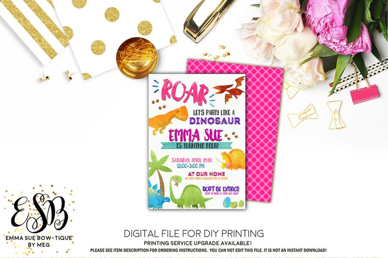 Roar Let's Party like a Dinosaur Girl's Birthday Party Invitation Printable - Digital File  (Dino-waterGirl)