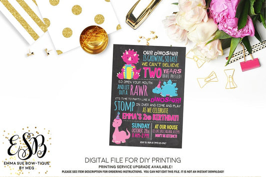 Girl's Our Little Dinosaur is growing so Fast Chalkboard Birthday Party Invitation Printable - Digital File  (Dinosaur-pnkchalk)