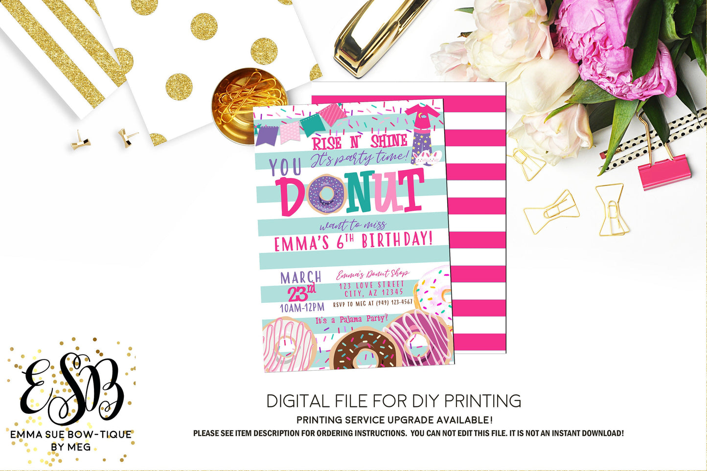 Rise and Shine - You Donut Want to Miss Girl's Birthday Party Invitation Printable - Digital File  (Donut-Rise)
