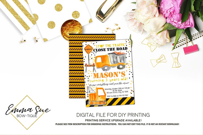Stop The traffic Close the Road - Construction Dump Truck Birthday Party Invitation Printable - Digital File  (Dump-Truck)