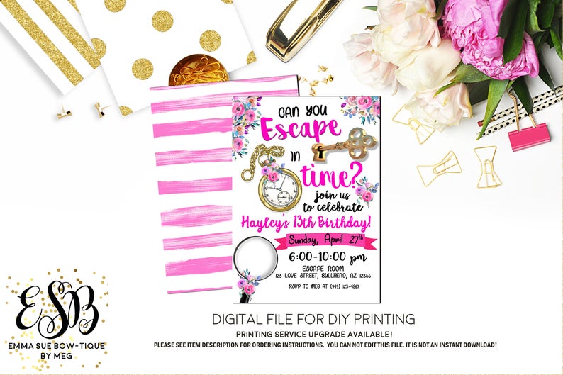 Girl's Escape Room Birthday Party Invitation Printable - Digital File  (Escape-Room)