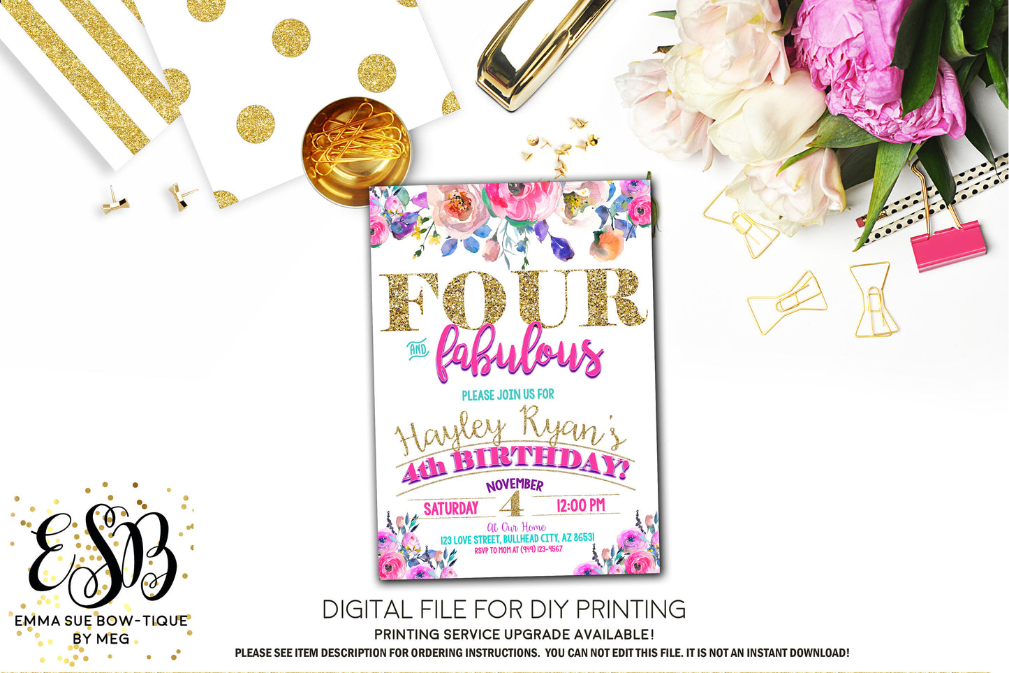 Four and Fabulous Floral Birthday Party Invitation Printable - Digital File  (Four-Roses)